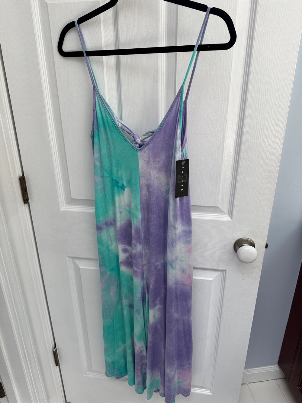 Tie-Dye Spaghetti-Strap Maxi Romper in Purple & Teal